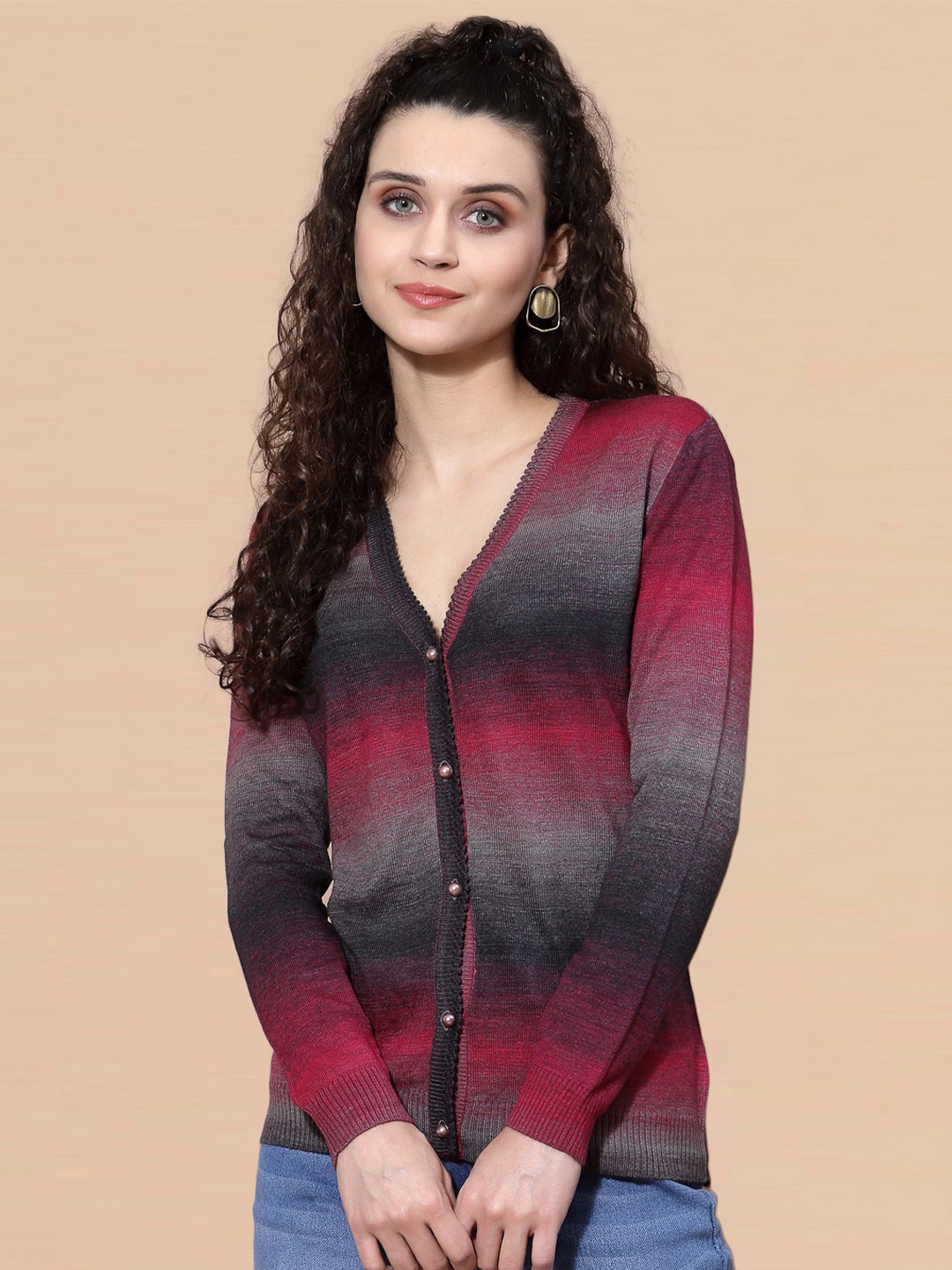 

DressBerry Red Colourblocked V-Neck Acrylic Cardigan