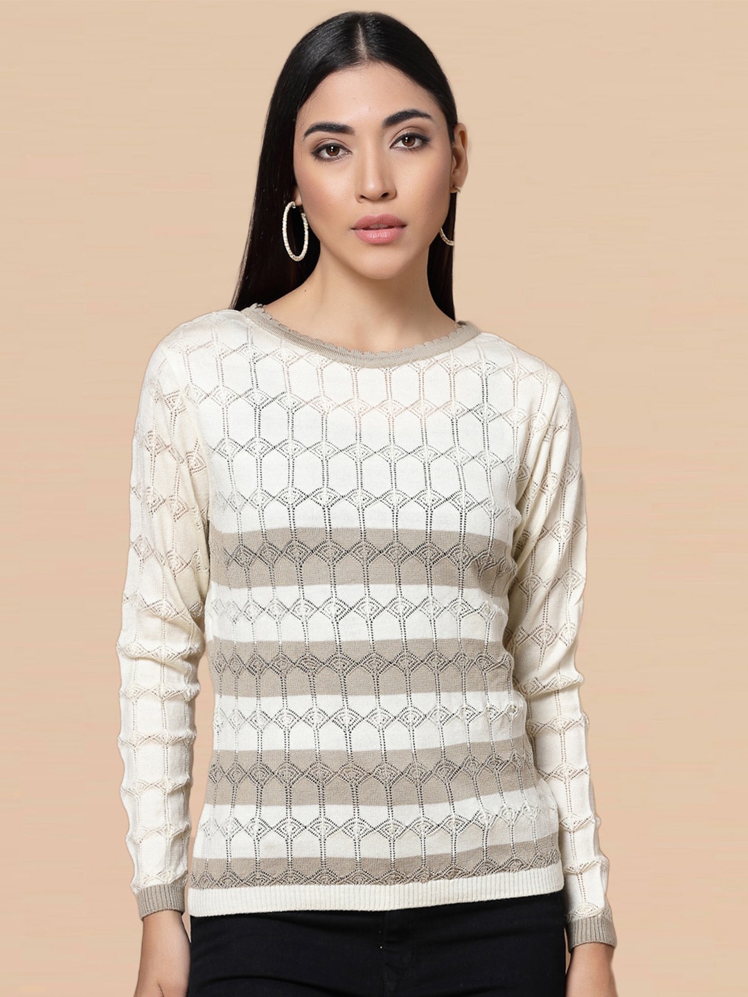 

DressBerry Off White Geometric Self Design Acrylic Pullover