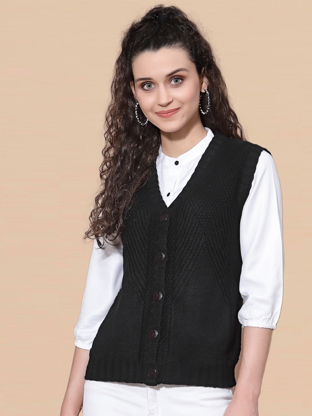 

DressBerry Black Cable Knit Self Design V-Neck Acrylic Cardigan