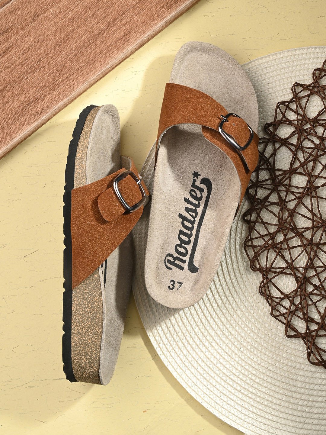 

The Roadster Lifestyle Co. Buckle Detail Leather Open Toe Flats, Rust