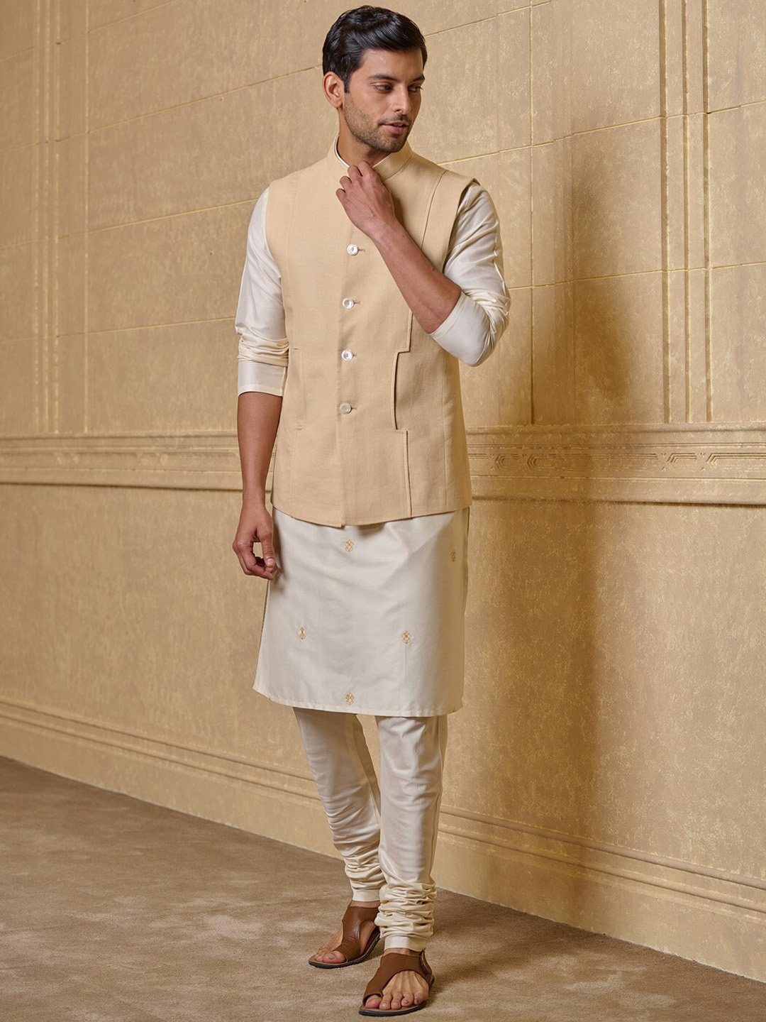 

Tasva Mandarin Collar Nehru Jackets, Cream