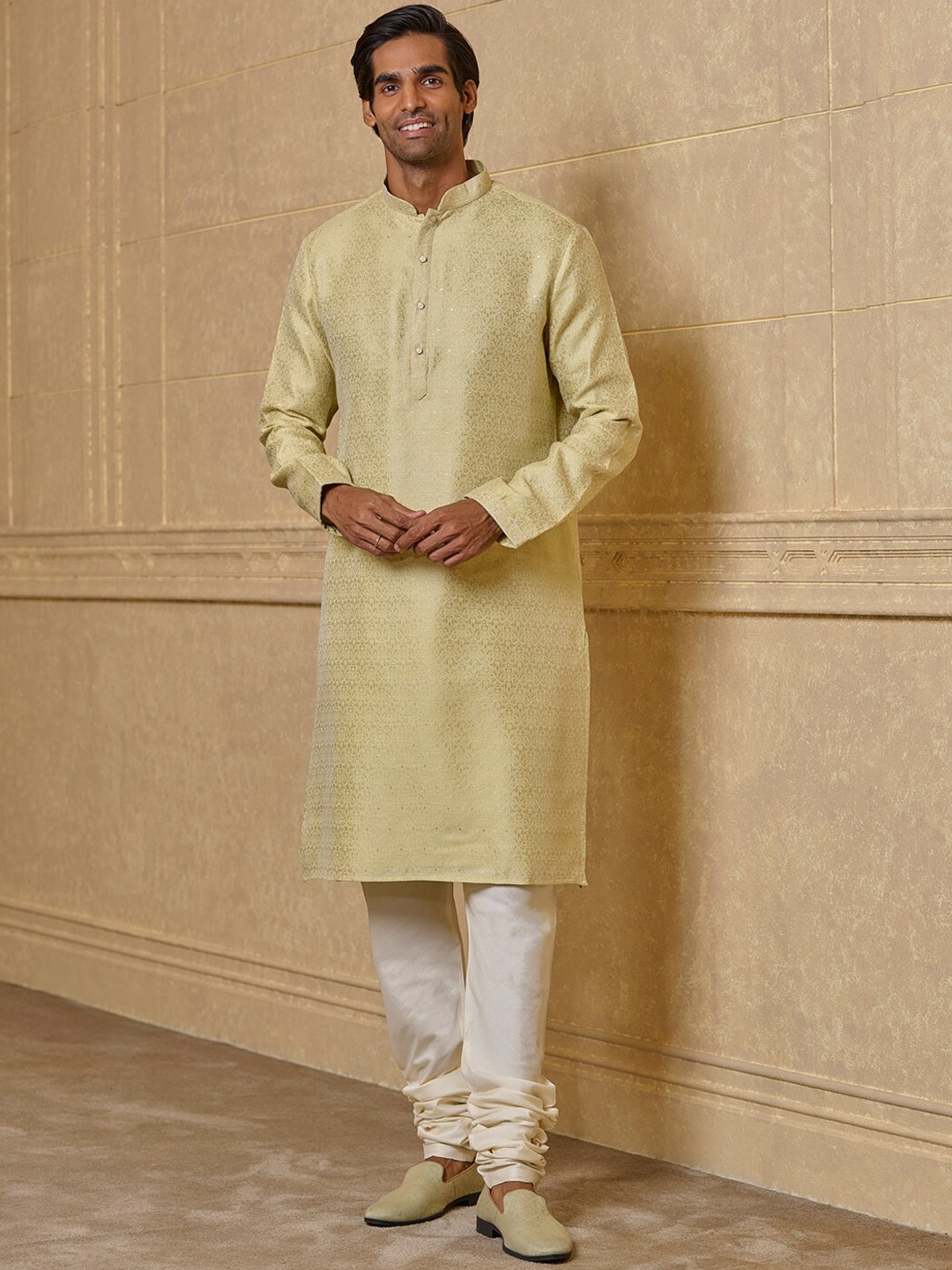 

Tasva Ethnic Motifs Woven Design Linen Kurta With Churidar, Yellow