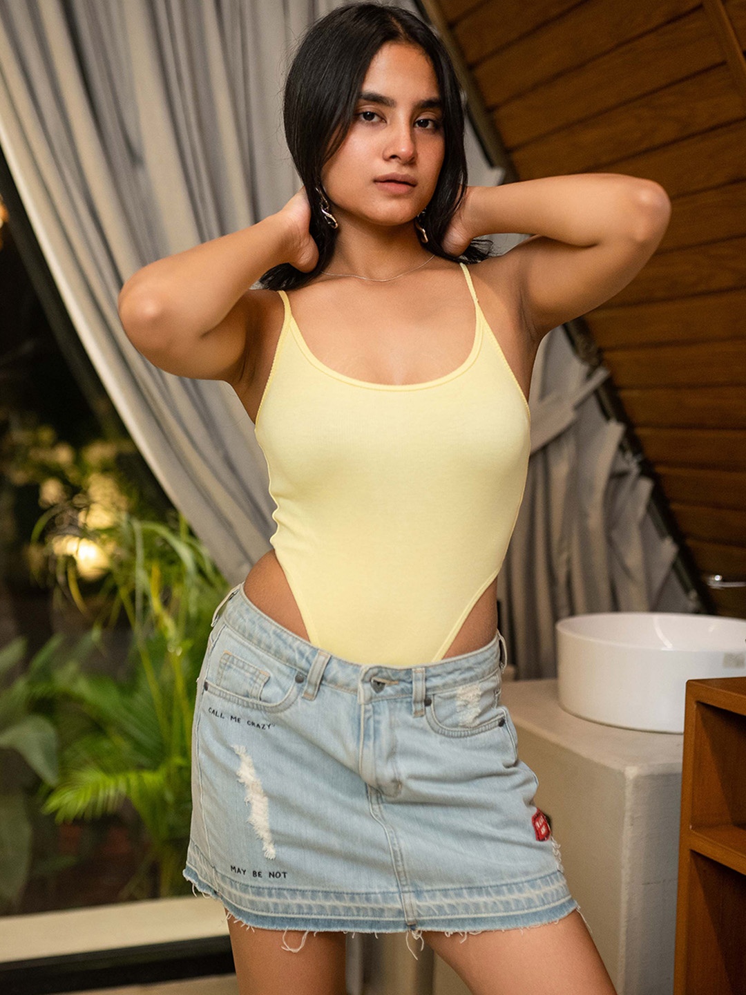 

COLOR CAPITAL Shoulder Strap Ribbed Bodysuit, Yellow