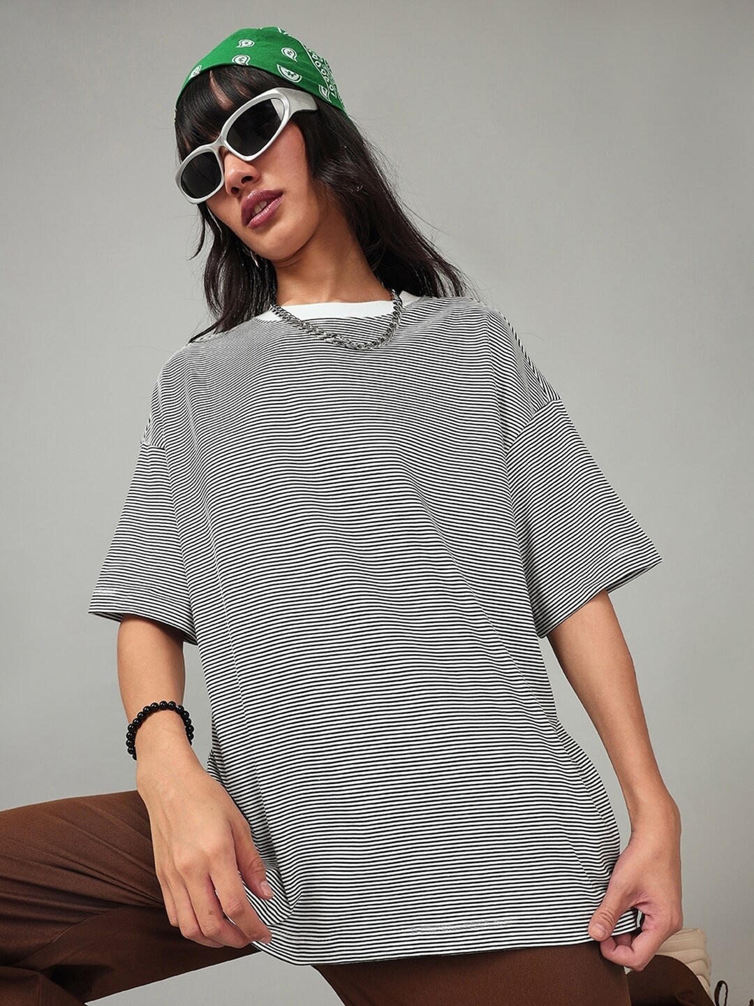 

Bewakoof Striped Round Neck Cotton Oversized T-shirt, White