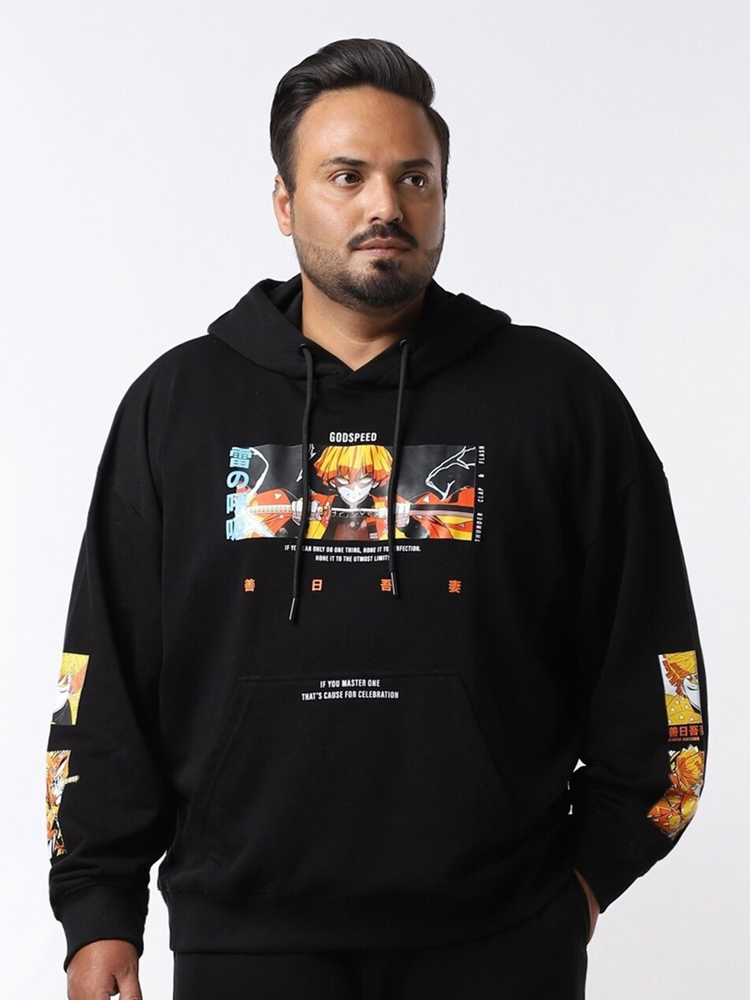 

Bewakoof Plus Black Printed Hooded Sweatshirt