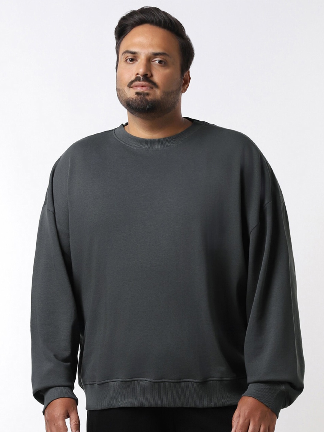 

Bewakoof Plus Round Neck Oversized Terry Pullover Sweatshirt, Grey