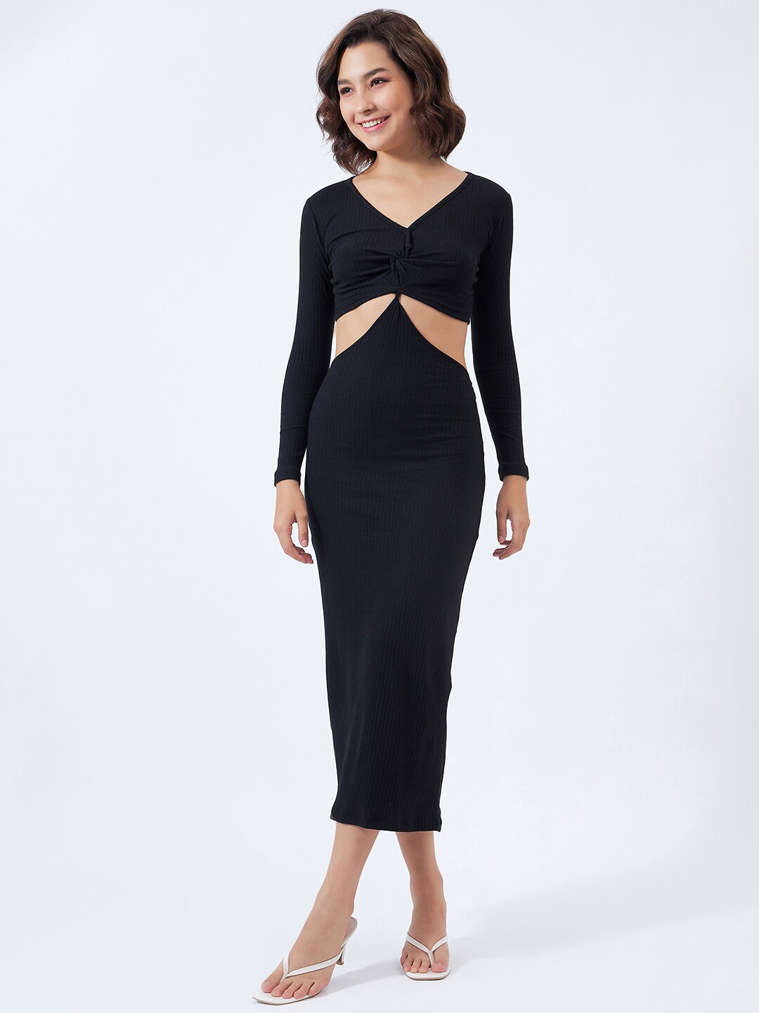 

COLOR CAPITAL V-Neck Cut Outs Detail Sheath Midi Dress, Black