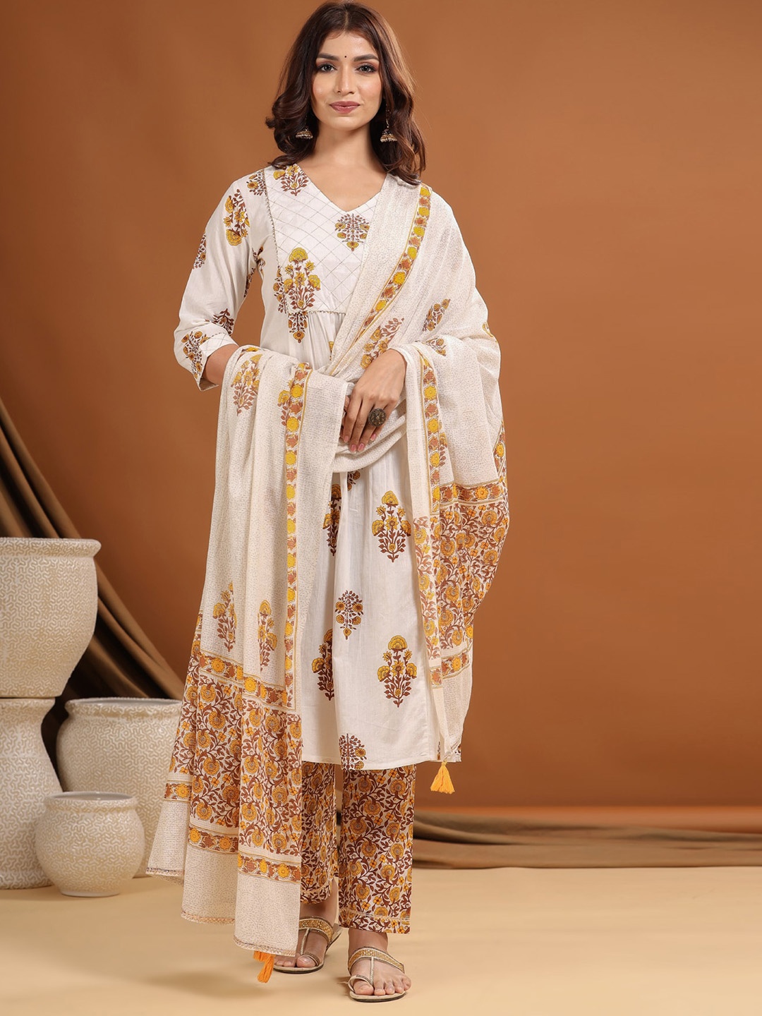 

The Kurta Express Floral Printed Regular Pure Cotton Kurta With Trousers & Dupatta, White