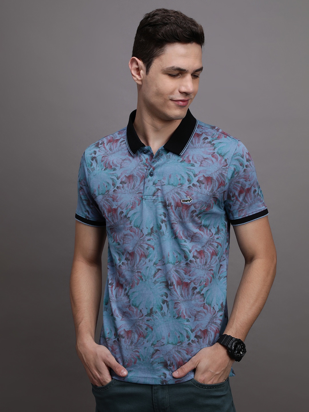

Crocodile Tropical Printed Polo Collar Slim Fit Cotton Casual T-shirt, Blue