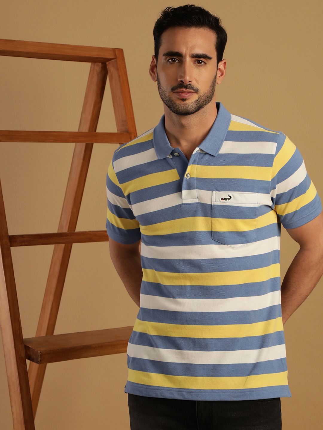 

Crocodile Striped Polo Collar Short Sleeves Pockets Cotton Slim Fit T-shirt, Yellow
