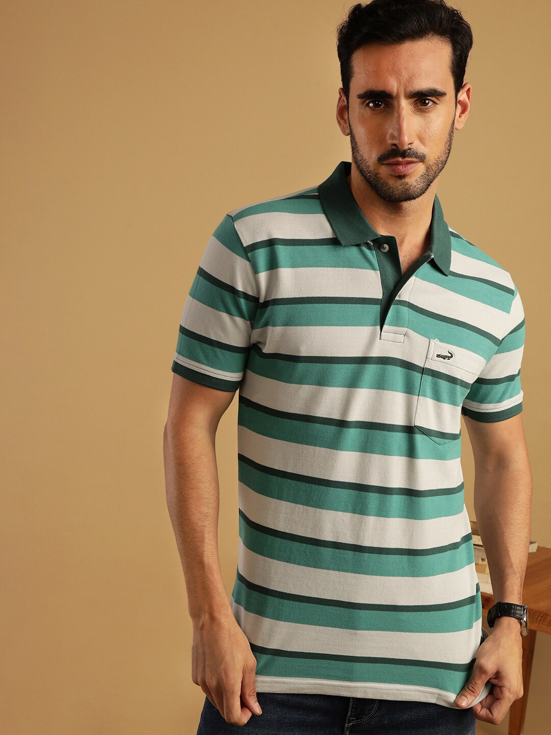 

Crocodile Striped Polo Collar Short Sleeves Pockets Cotton Slim Fit T-shirt, Green