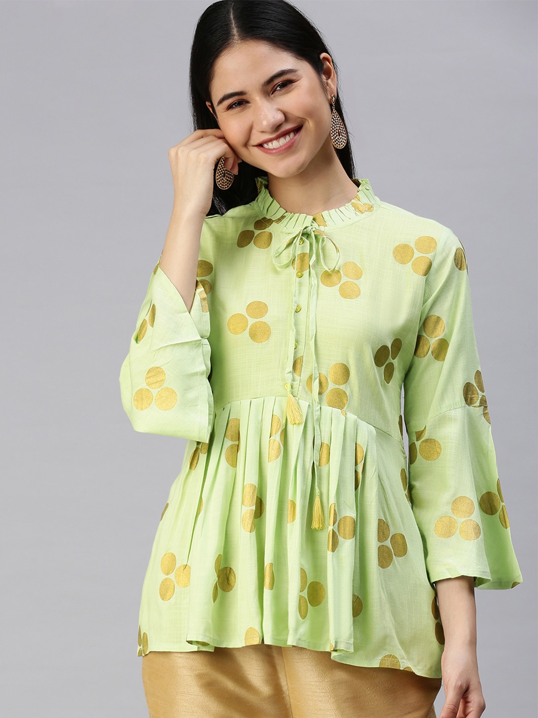 

Maishi Polka Dots Printed Tie-Up Neck Anarkali Kurti, Green
