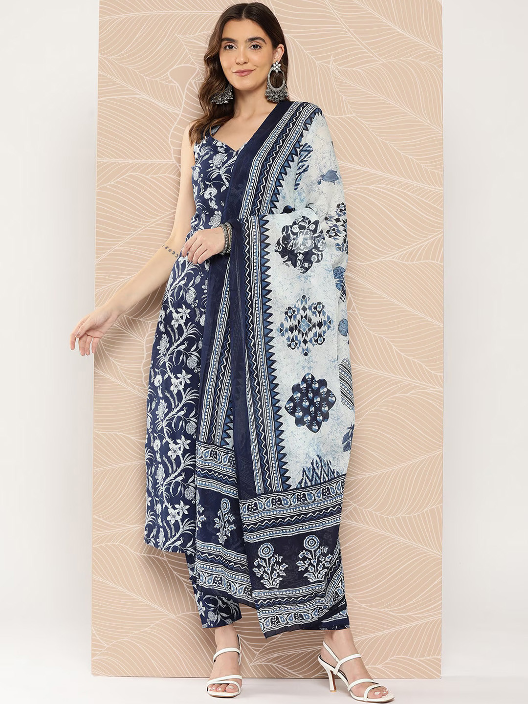 

KALINI Floral Printed Pure Cotton Kurta With Trousers & Dupatta, Navy blue