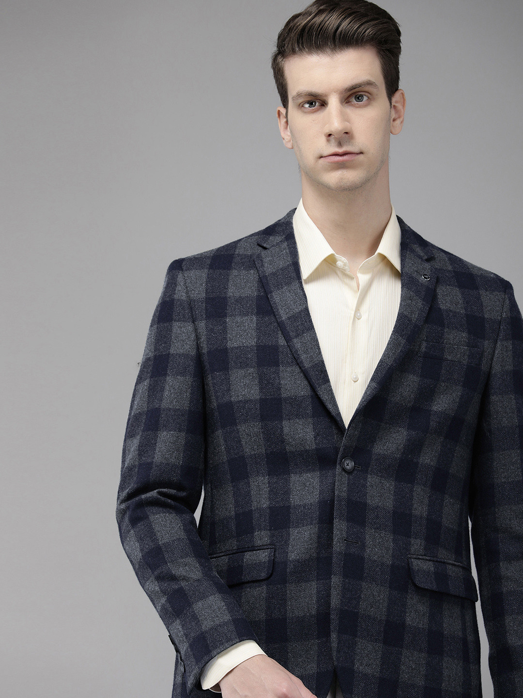 

Van Heusen Men Checked Slim Fit Single-Breasted Formal Blazer, Navy blue