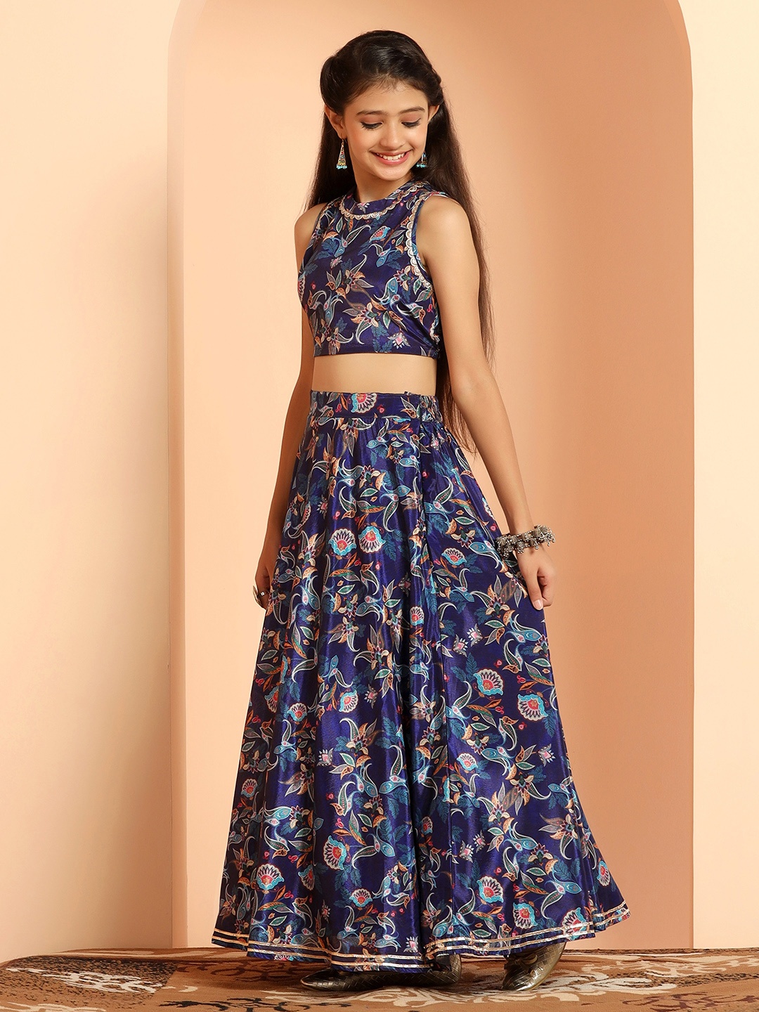 

FASHION DREAM Girls Printed Ready to Wear Lehenga & Choli, Navy blue
