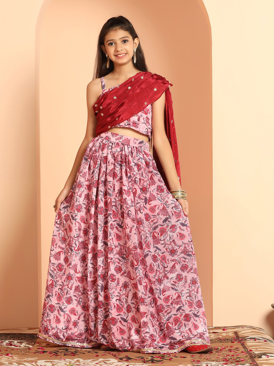 

FASHION DREAM Girls Printed Ready To Wear Lehenga & Blouse With Attached Dupatta, Pink
