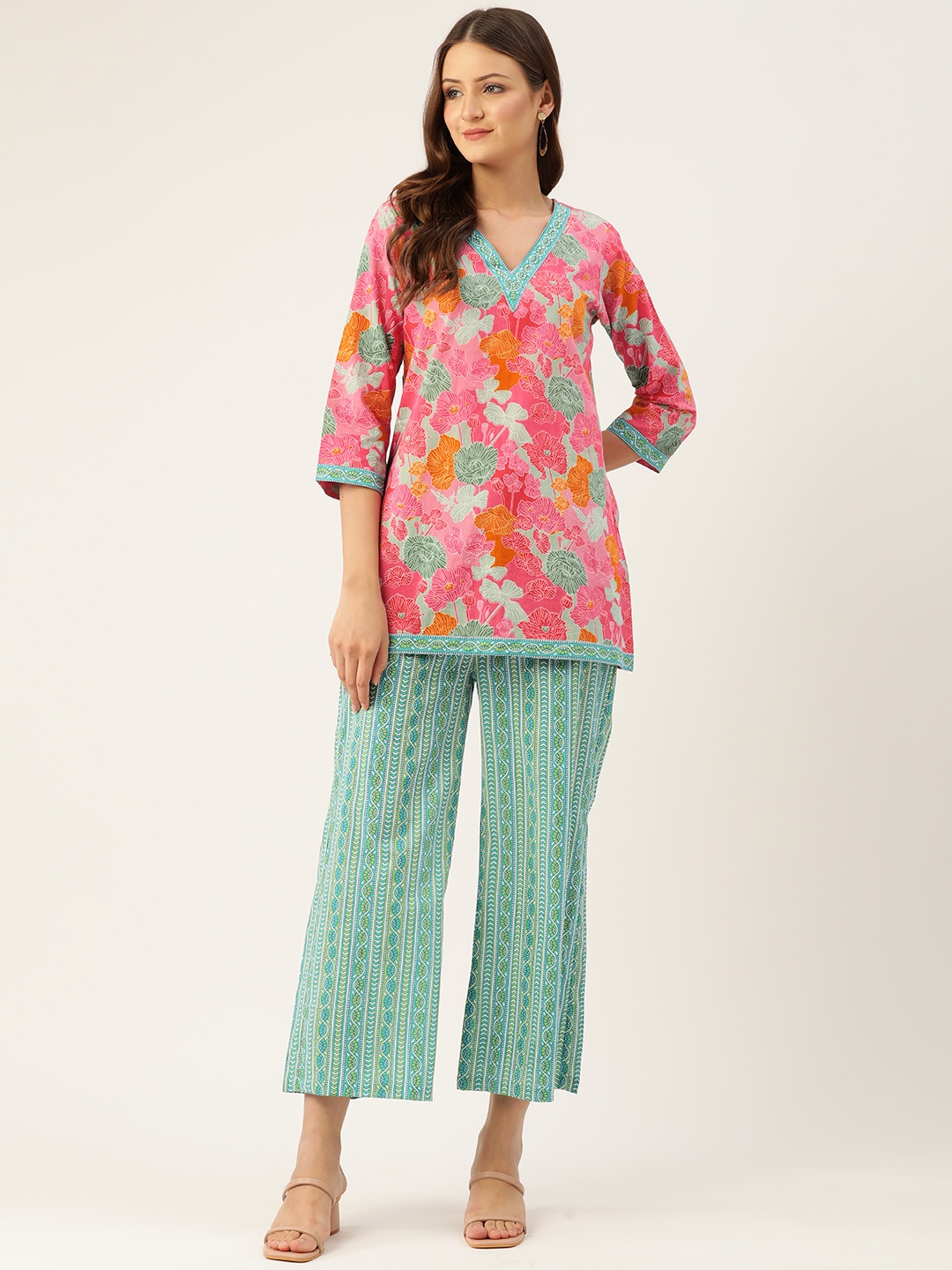 

Jaipur Morni Women Printed Cotton Top with Palazzos, Pink