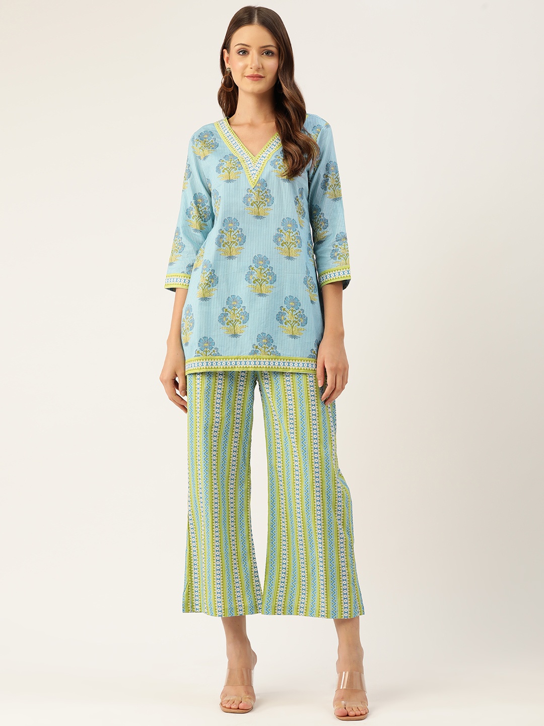 

Jaipur Morni Women Printed Cotton Tunic with Palazzos, Turquoise blue