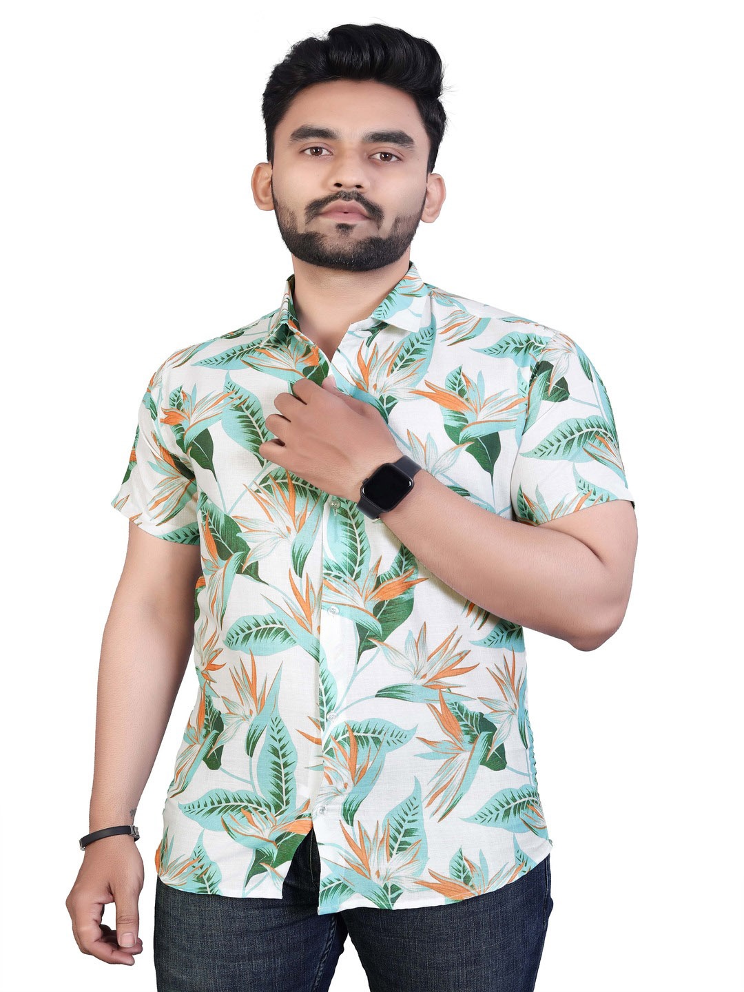 

Bought First Premium Floral Printed Spread Collar Organic Cotton Casual Shirt, White
