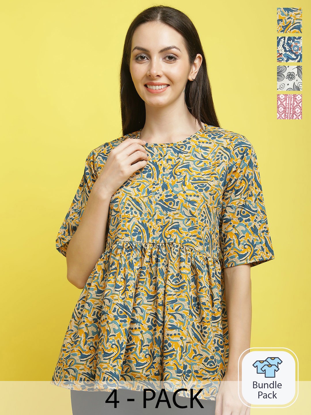

Poshyaa Pack Of 4 Floral Printed Tops, Yellow