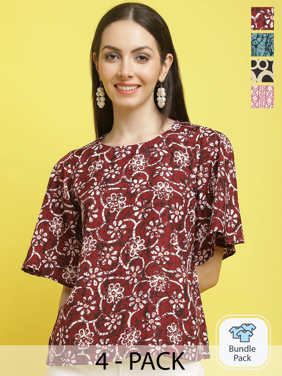 

Poshyaa Pack Of 4 Floral Printed Tops, Maroon