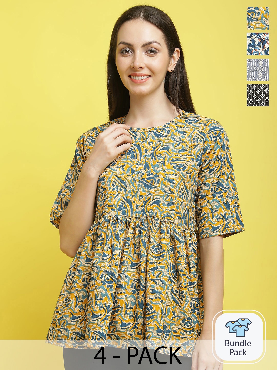 

Poshyaa Pack Of 4 Floral Printed Regular Top, Yellow