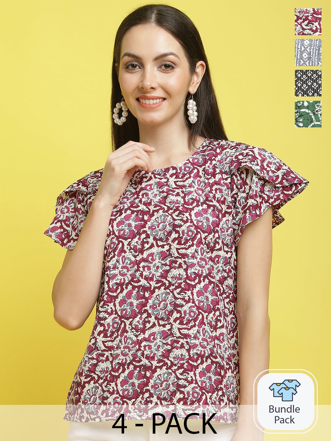 

Poshyaa Pack Of 4 Floral Printed Flutter Sleeve Top, Red