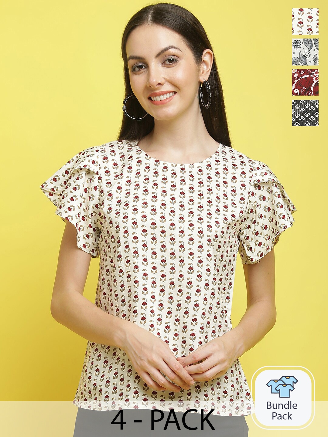 

Poshyaa Pack Of 4 Printed Crepe Tops, Yellow
