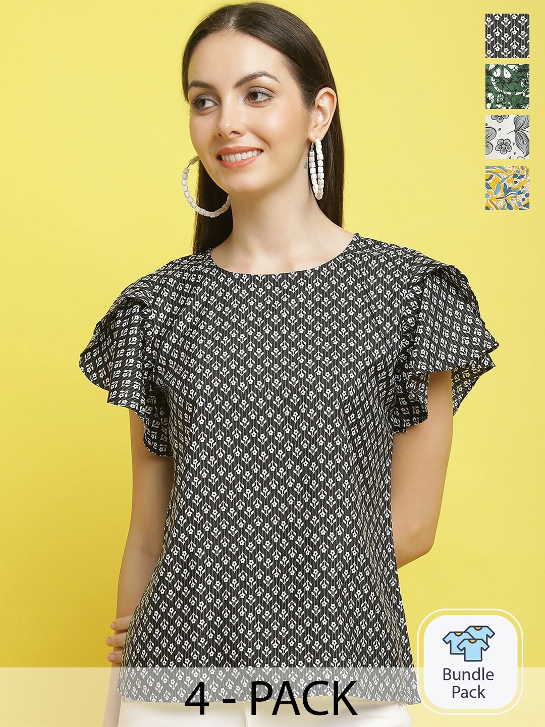 

Poshyaa Pack Of 4 Printed Flutter Sleeves Tops, Black