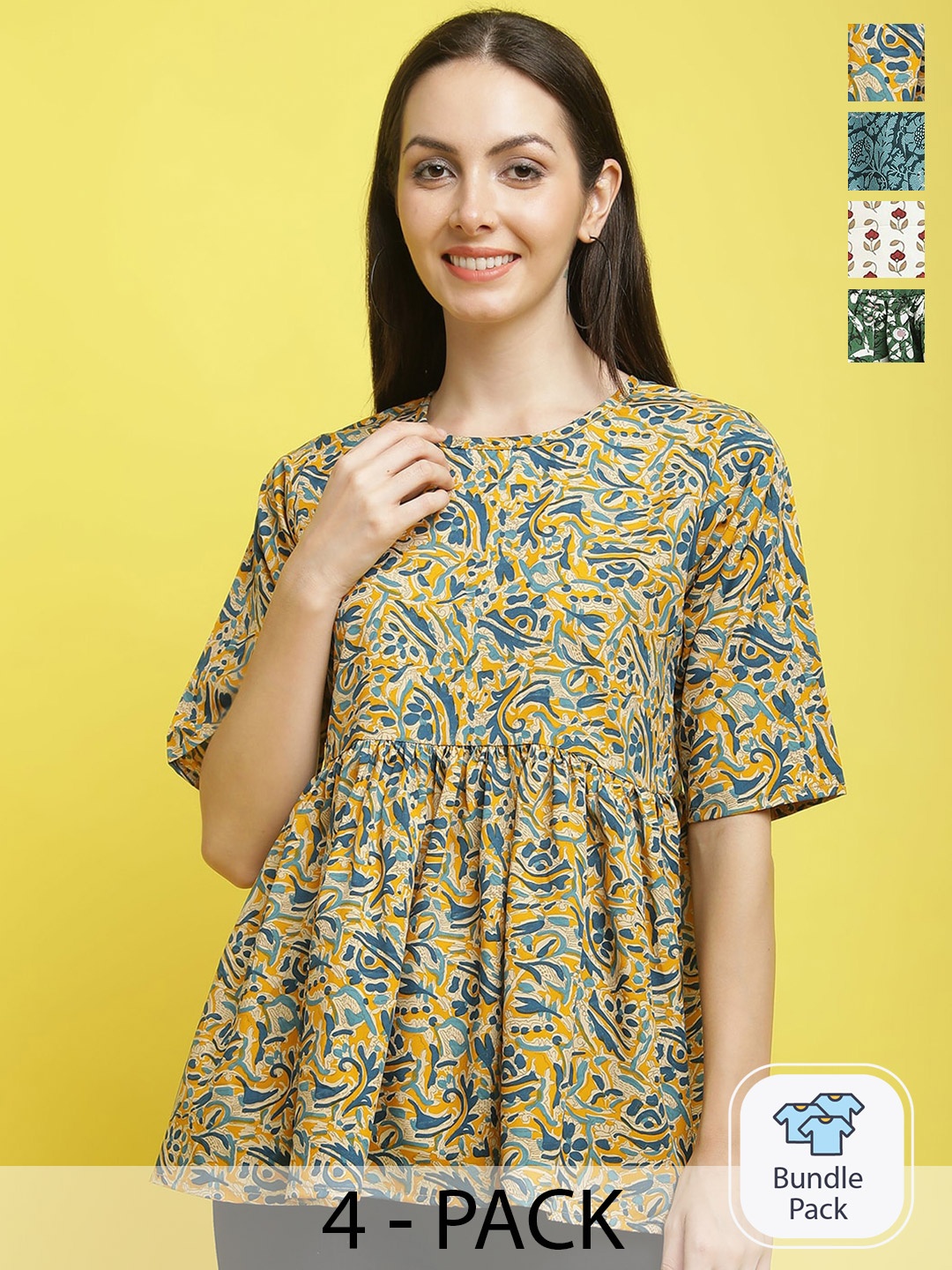 

Poshyaa Pack Of 4 Printed Crepe Tops, Yellow