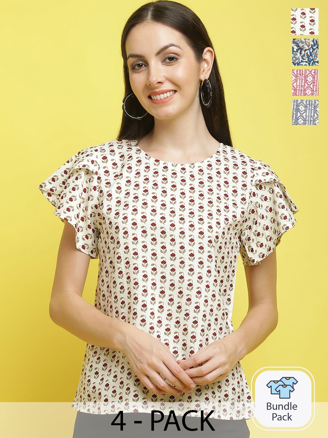 

Poshyaa Pack Of 4 Floral Printed Flutter Sleeve Top, Cream