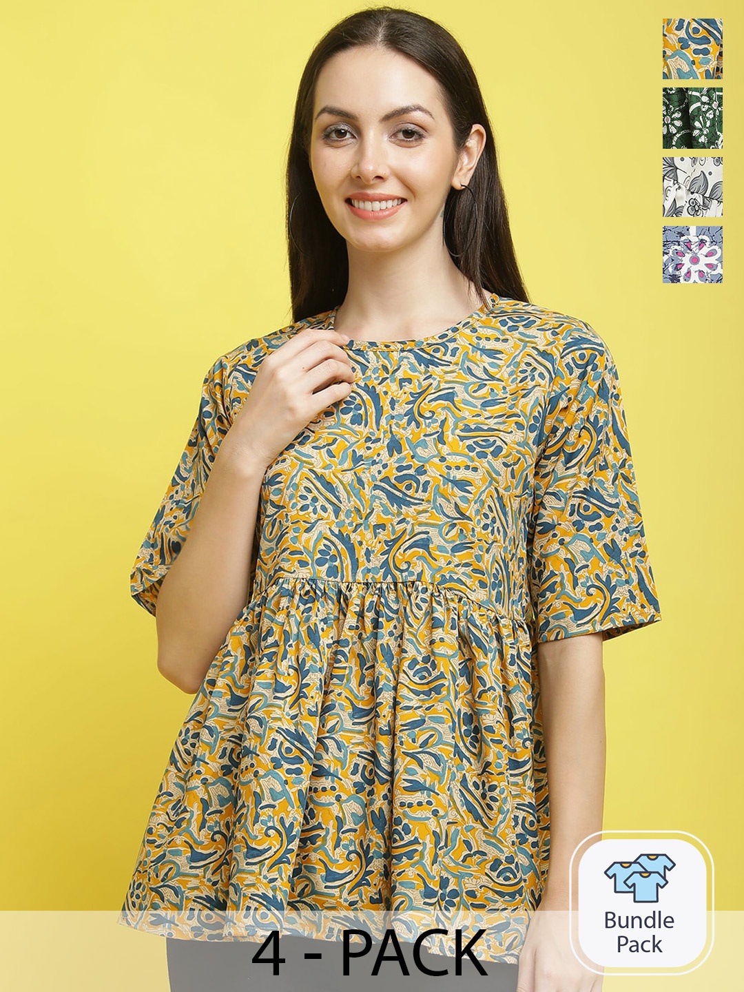 

Poshyaa Pack Of 4 Printed Crepe Tops, Yellow
