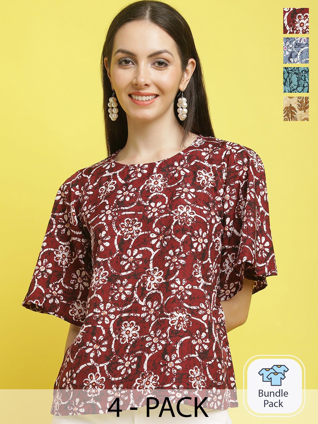 

Poshyaa Pack Of 4 Floral Printed Regular Top, Maroon