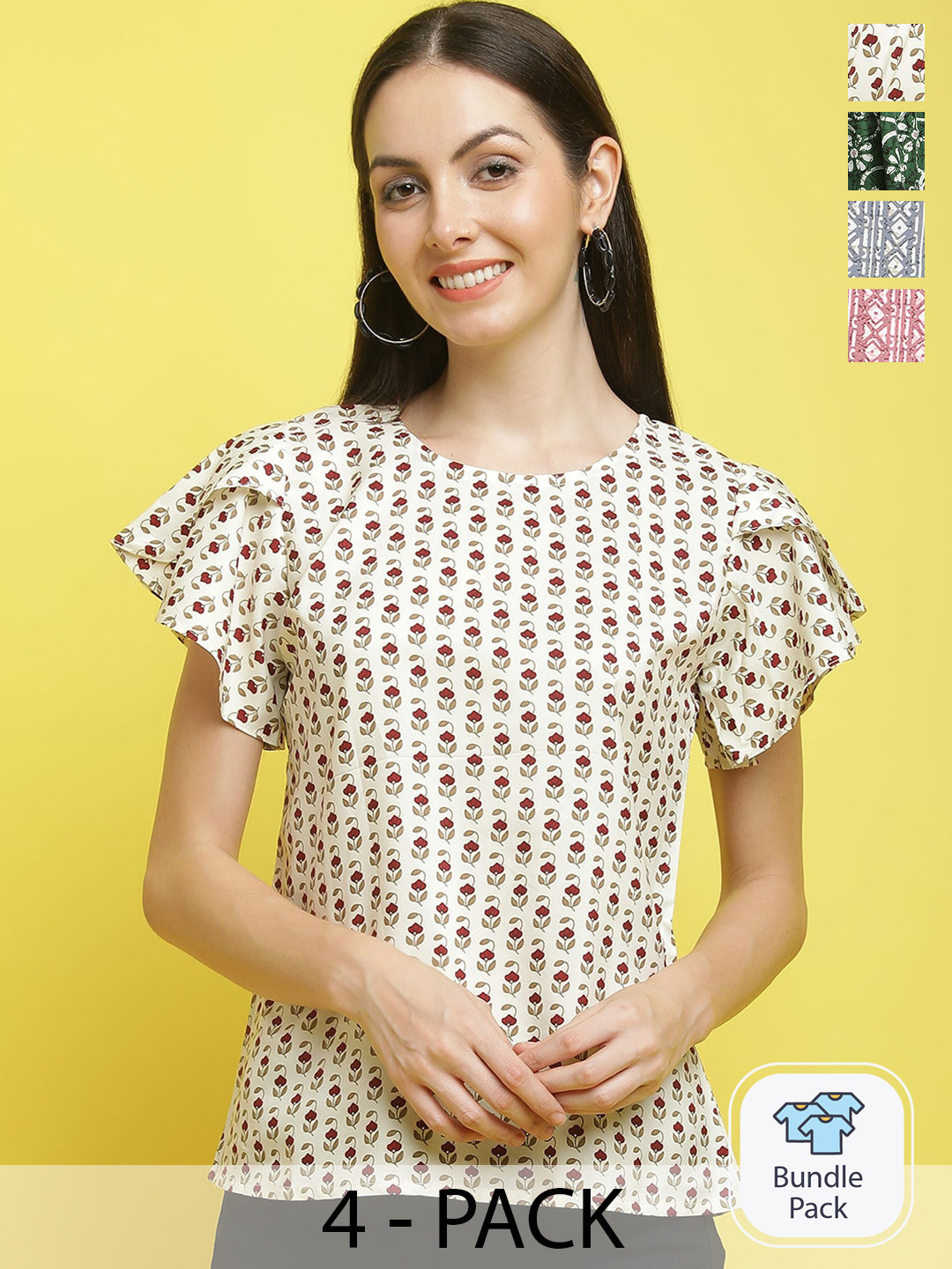 

Poshyaa Pack Of 4 Floral Printed Flutter Sleeve Top, White