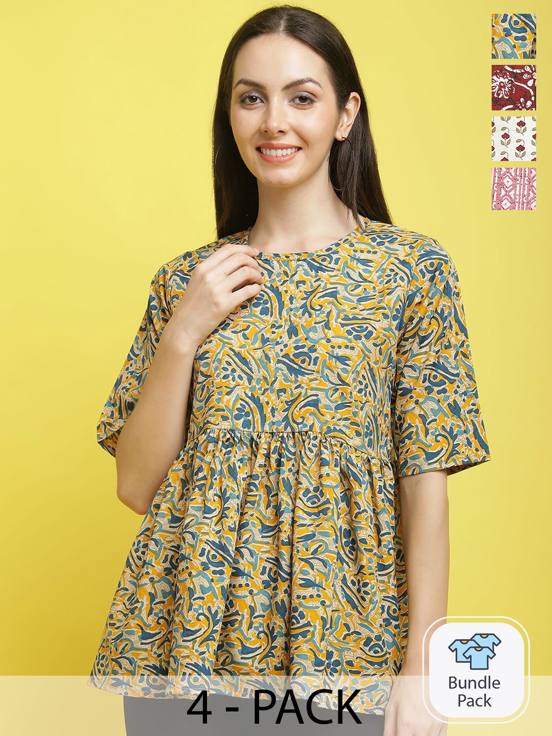 

Poshyaa Pack Of 4 Floral Printed Flutter Sleeve Empire Top, Yellow