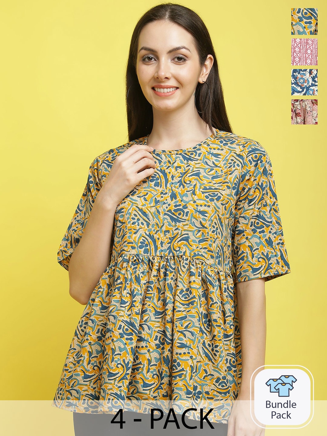 

Poshyaa Pack of 4 Floral Print Flared Sleeve Crepe Top, Yellow
