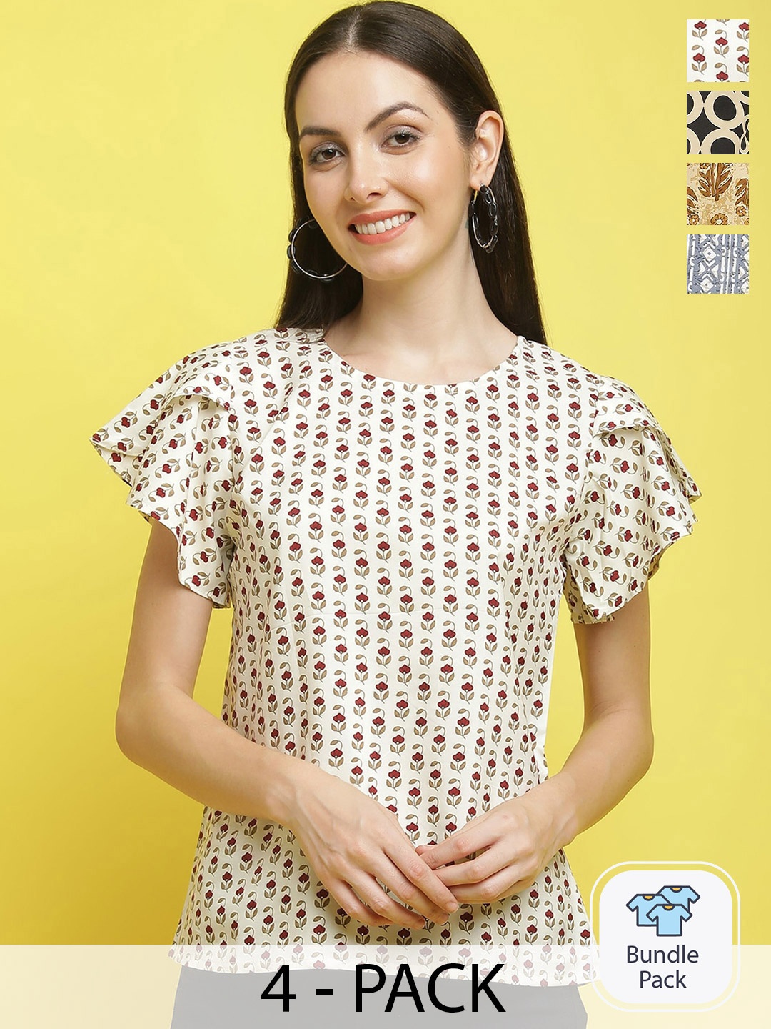 

Poshyaa Pack Of 4 Printed Flutter Sleeves Regular Top, White