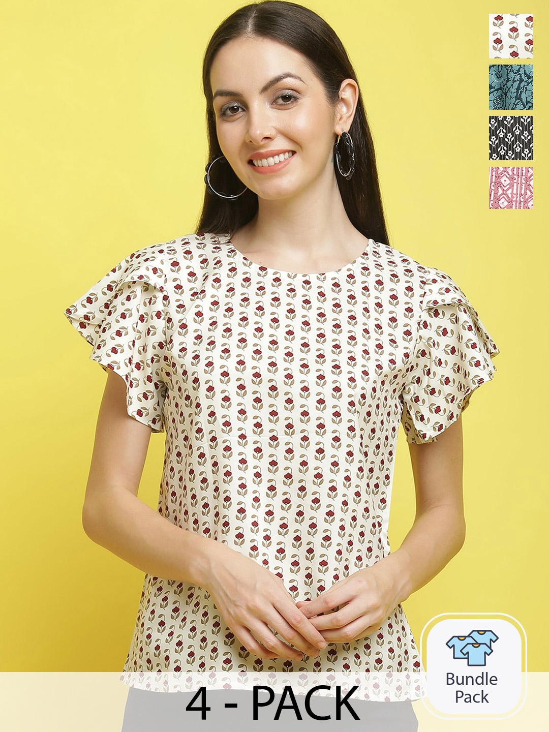 

Poshyaa Pack Of 4 Ethnic Motifs Printed Flutter Sleeves Regular Top, White