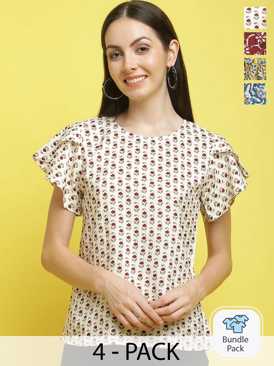 

Poshyaa Pack Of 4 Floral Printed Flutter Sleeve Empire Top, Beige