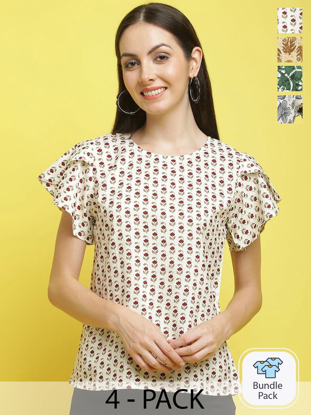 

Poshyaa Pack Of 4 Printed Flutter Sleeve Top, Beige