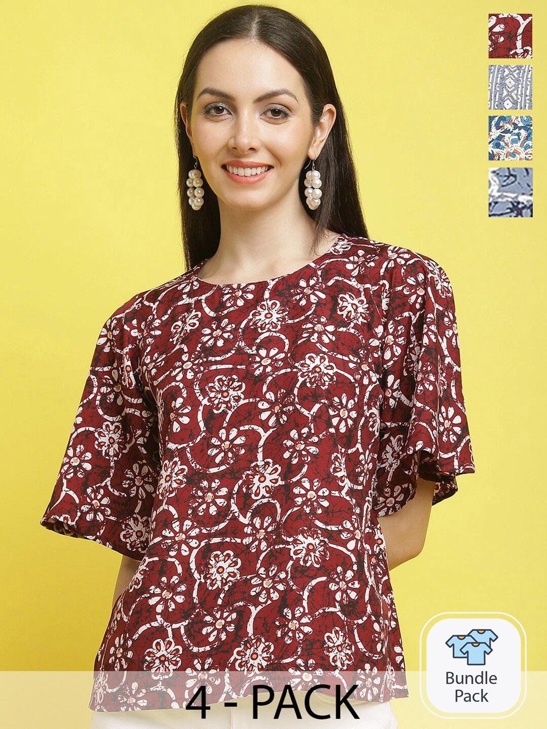 

Poshyaa Pack Of 4 Floral Printed Casual Crepe Tops, Maroon