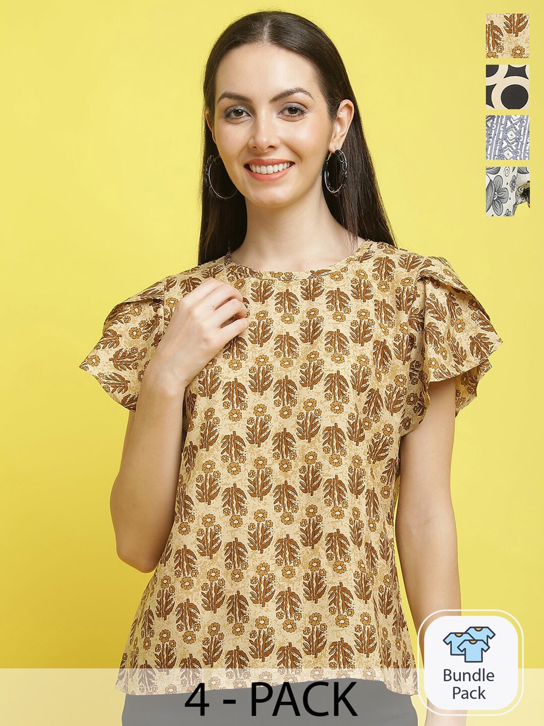 

Poshyaa Pack Of 4 Ethnic Motifs Printed Crepe Top, Yellow