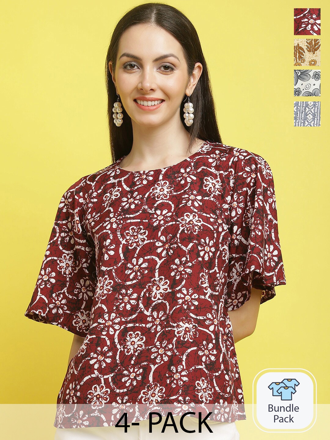 

Poshyaa Pack Of 4 Floral Printed Regular Tops, Maroon