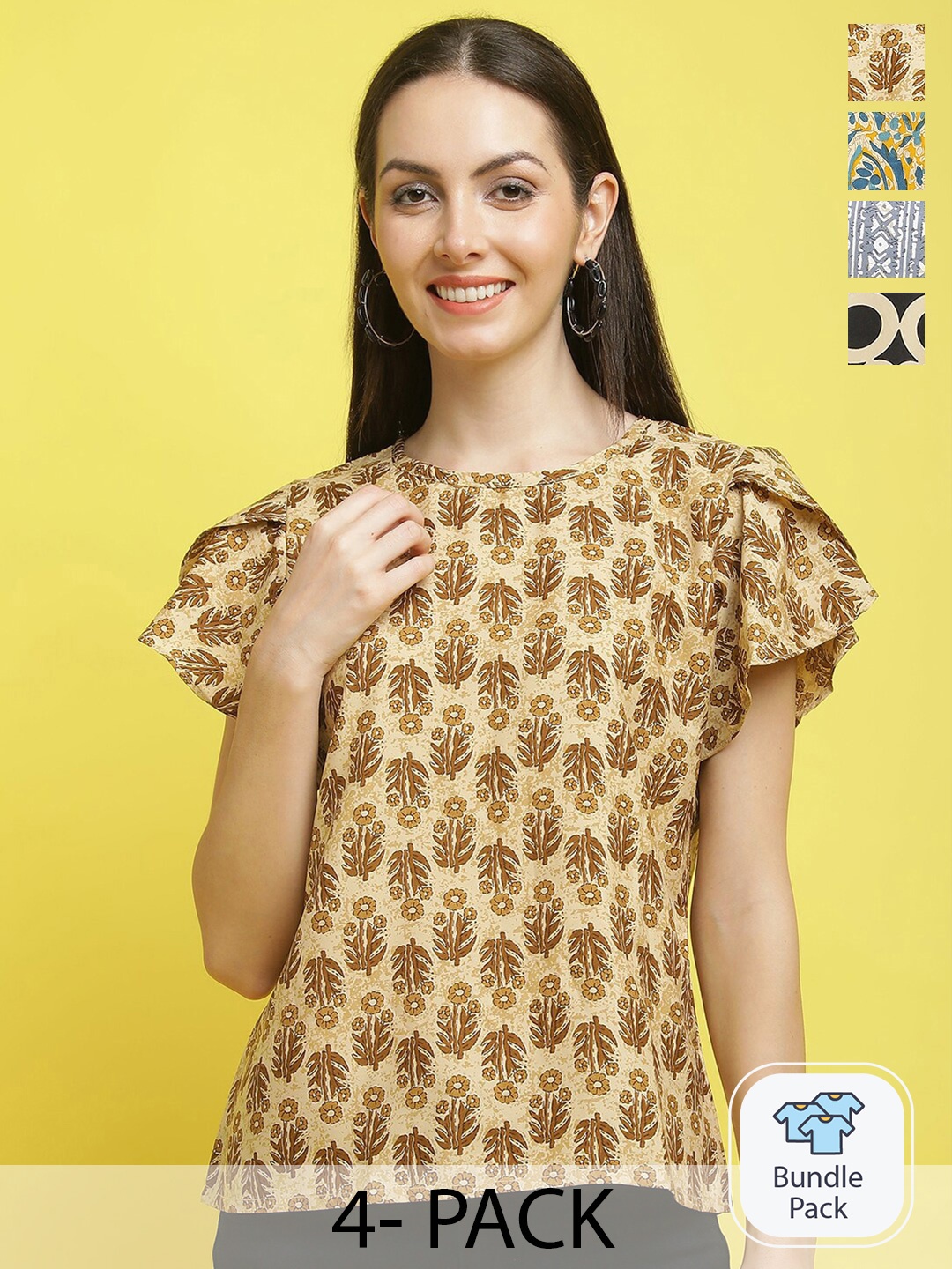 

Poshyaa Pack Of 4 Floral Printed Flutter Sleeve Empire Top, Beige
