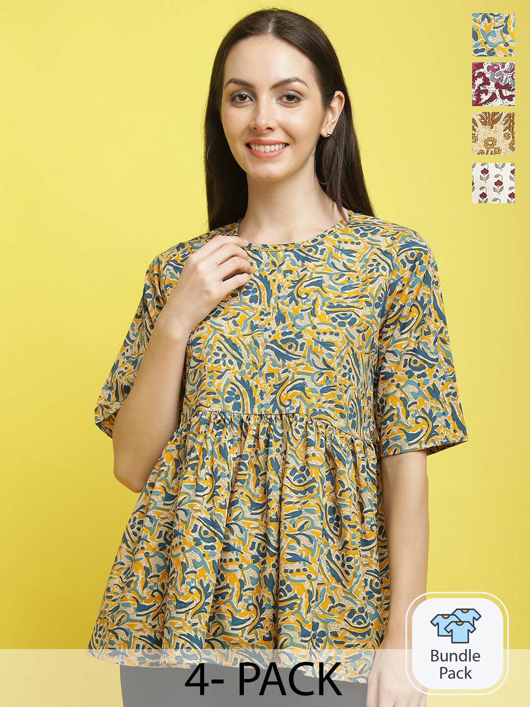 

Poshyaa Pack Of 4 Printed Top, Yellow