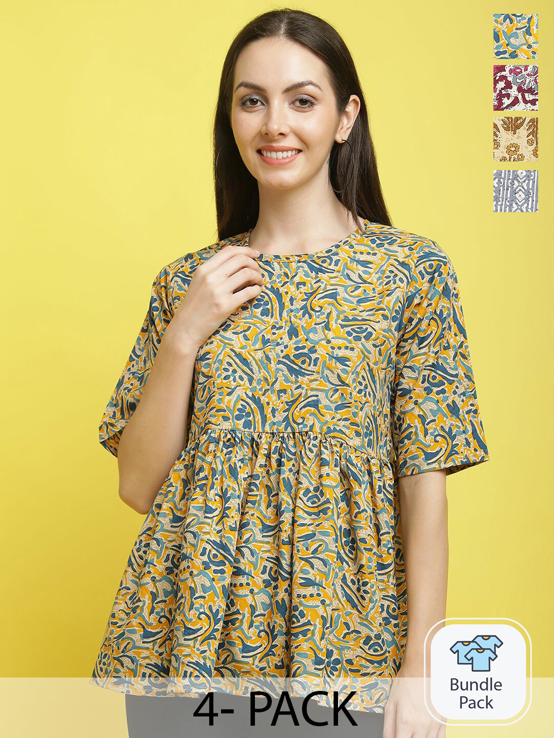 

Poshyaa Pack Of 4 Floral Printed Regular Top, Yellow