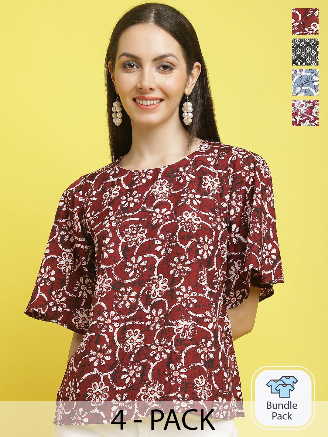 

Poshyaa Pack Of 4 Printed Crepe Top, Maroon