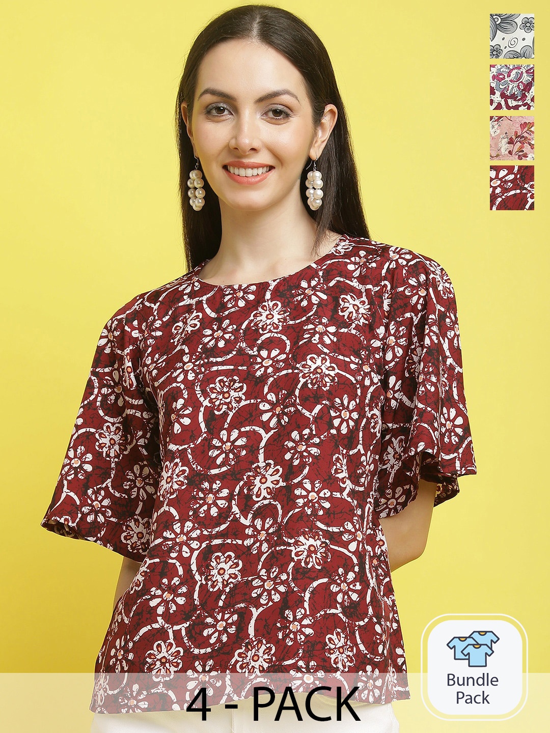 

Poshyaa Pack Of 4 Floral Printed Regular Top, Maroon