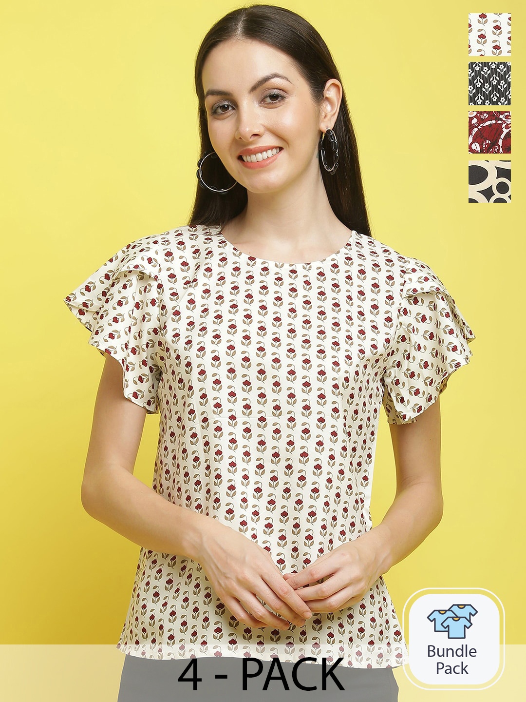 

Poshyaa Pack Of 4 Floral Printed Crepe Tops, Cream