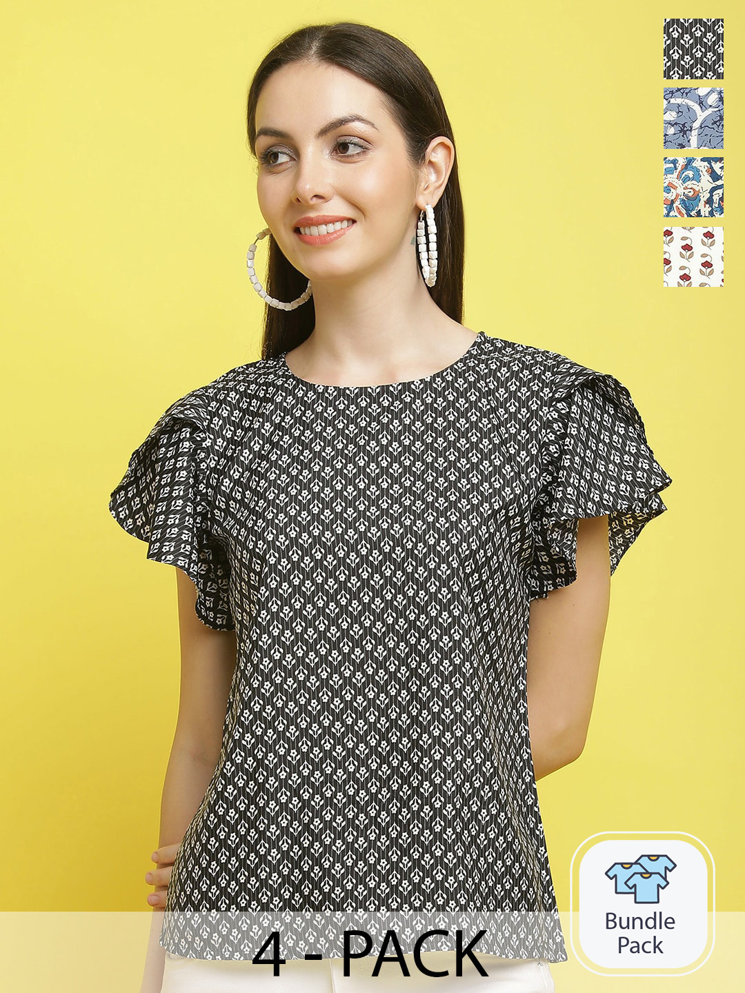 

Poshyaa Pack Of 4 Printed Flutter Sleeves Tops, Black